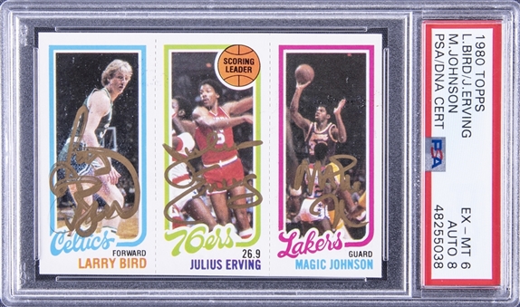 1980-81 Topps Larry Bird/Magic Johnson Rookie Card w/Julius Erving - Signed by All Three Hall of Famers – PSA EX-MT 6/AUTO 8